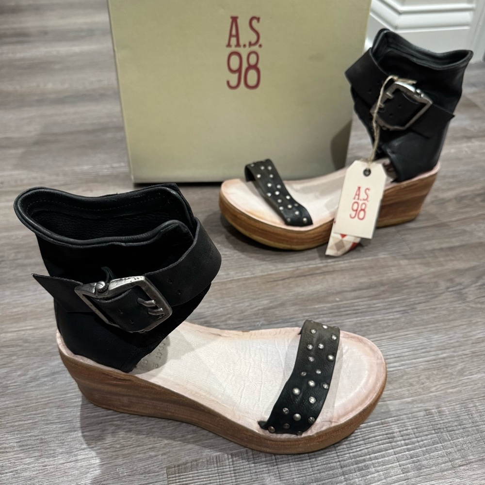 A.S.98 Nacki Nero Black Leather Buckle Around Ankle Platform Sandals